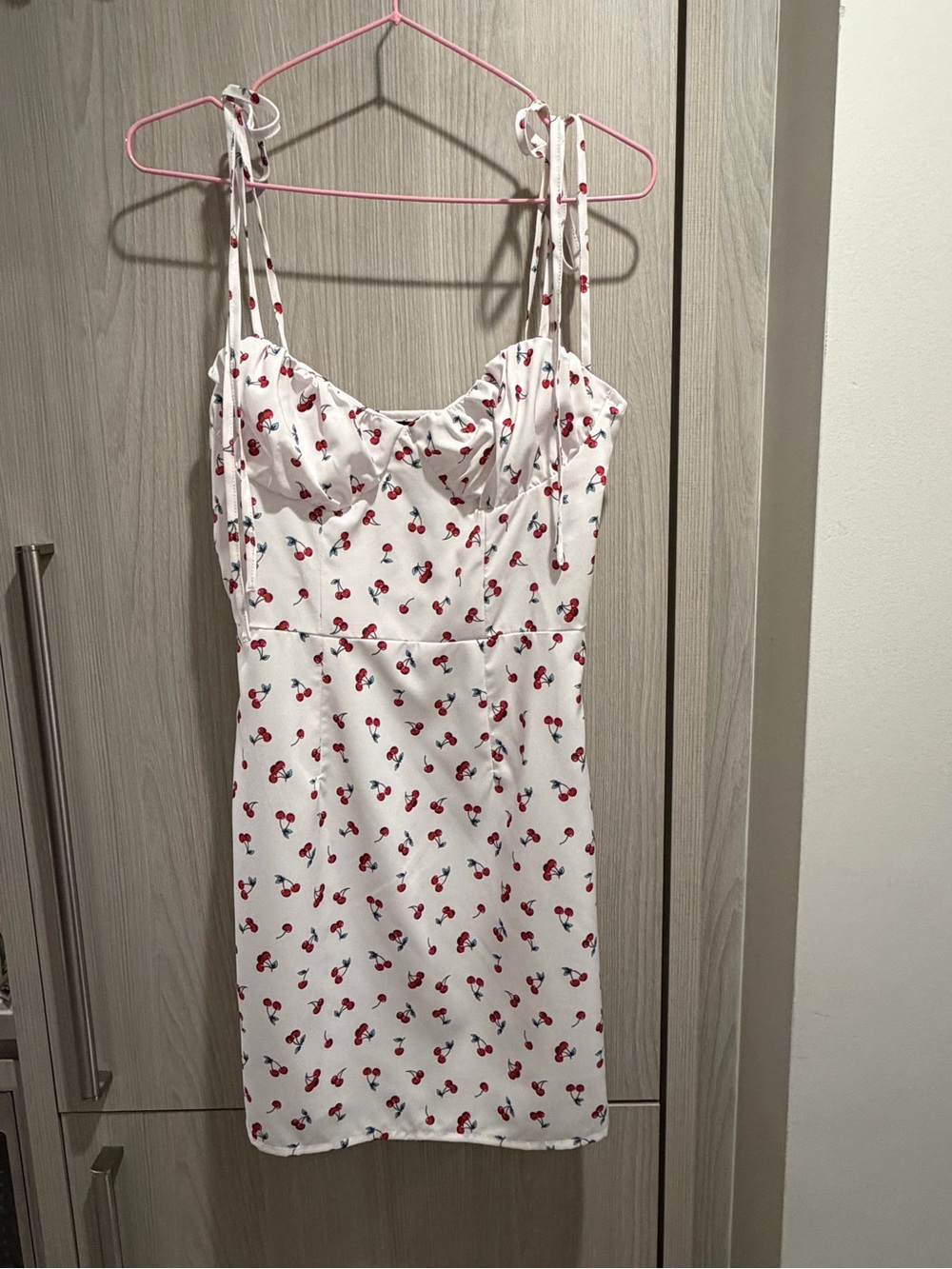 White Cherry-Print Tie-Strap Slip Cami Dress Size XS